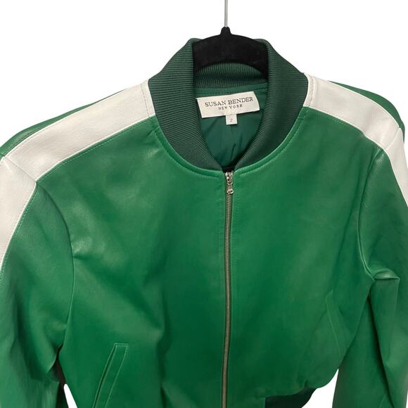 NWT Susan Bender Stretch Leather Stripe Long Sleeve Bomber Jacket Forest Green 2 - Picture 3 of 7